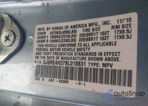 2011 Honda Cr-V Lx из США, поврежденный, VIN 5J6RE4H37BL018831